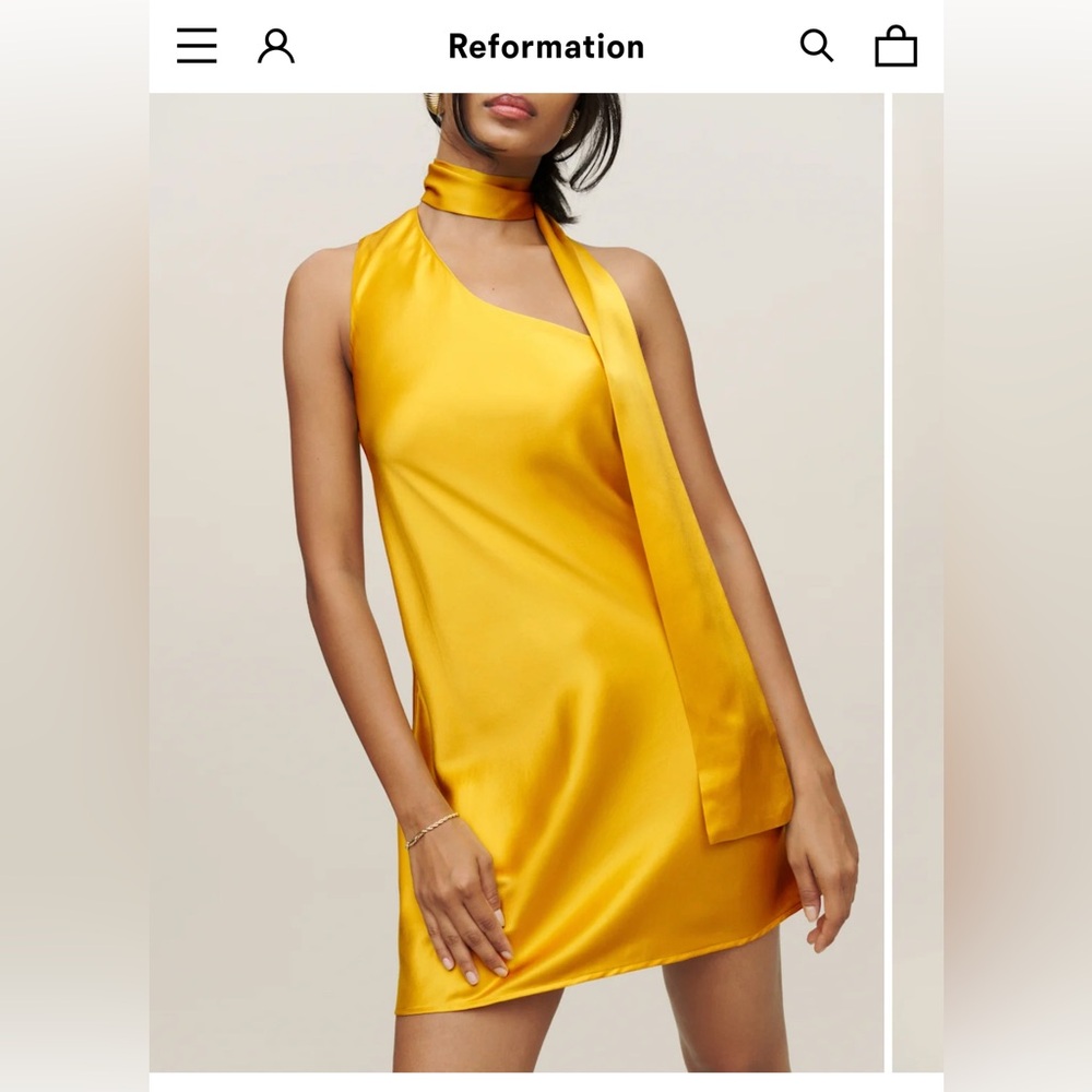 Reformation Golden Satin Asymmetrical Dress